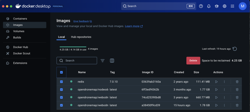 Docker images list — deleting WebODM images for a full clean reinstall