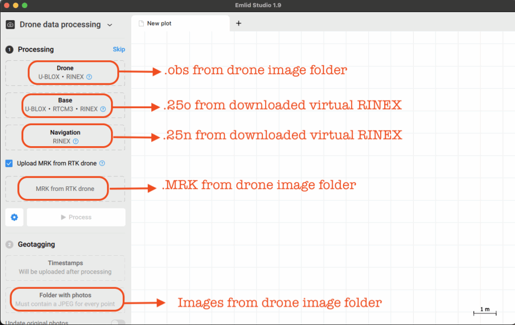 Emlid Studio PPK processing interface with drone and base station files loaded