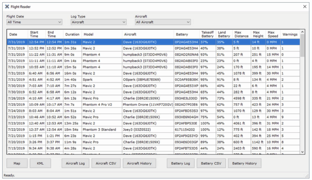 Flight Reader software showing drone flight telemetry