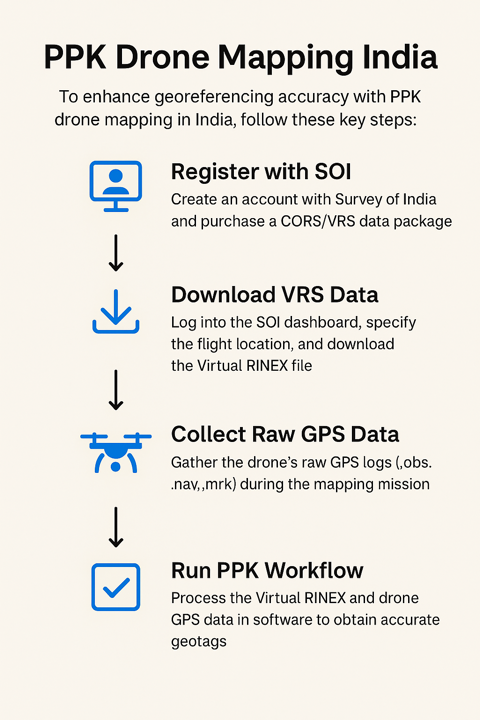 PPK workflow steps — from drone flight to corrected outputs