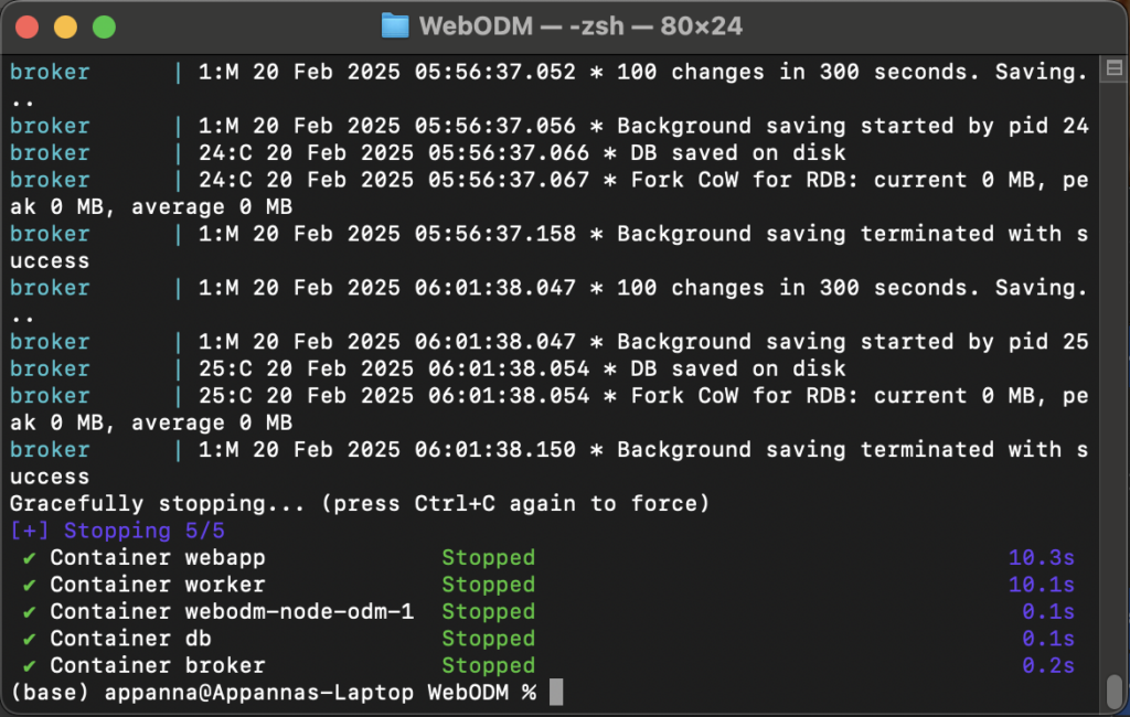 WebODM terminal stop command — Ctrl+C to terminate running processes