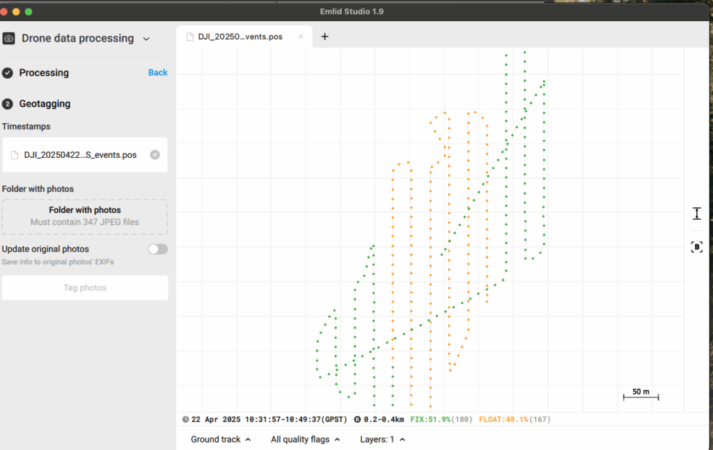 Emlid Studio results showing Fix, Float, and Single correction statuses