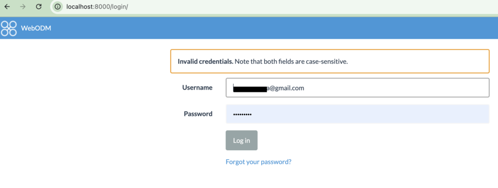 WebODM invalid credentials error on login page