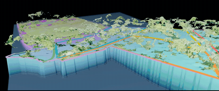 Animated 3D terrain model of a plantation survey, rotating from a front angle to a top-down "Top Surfaces" view