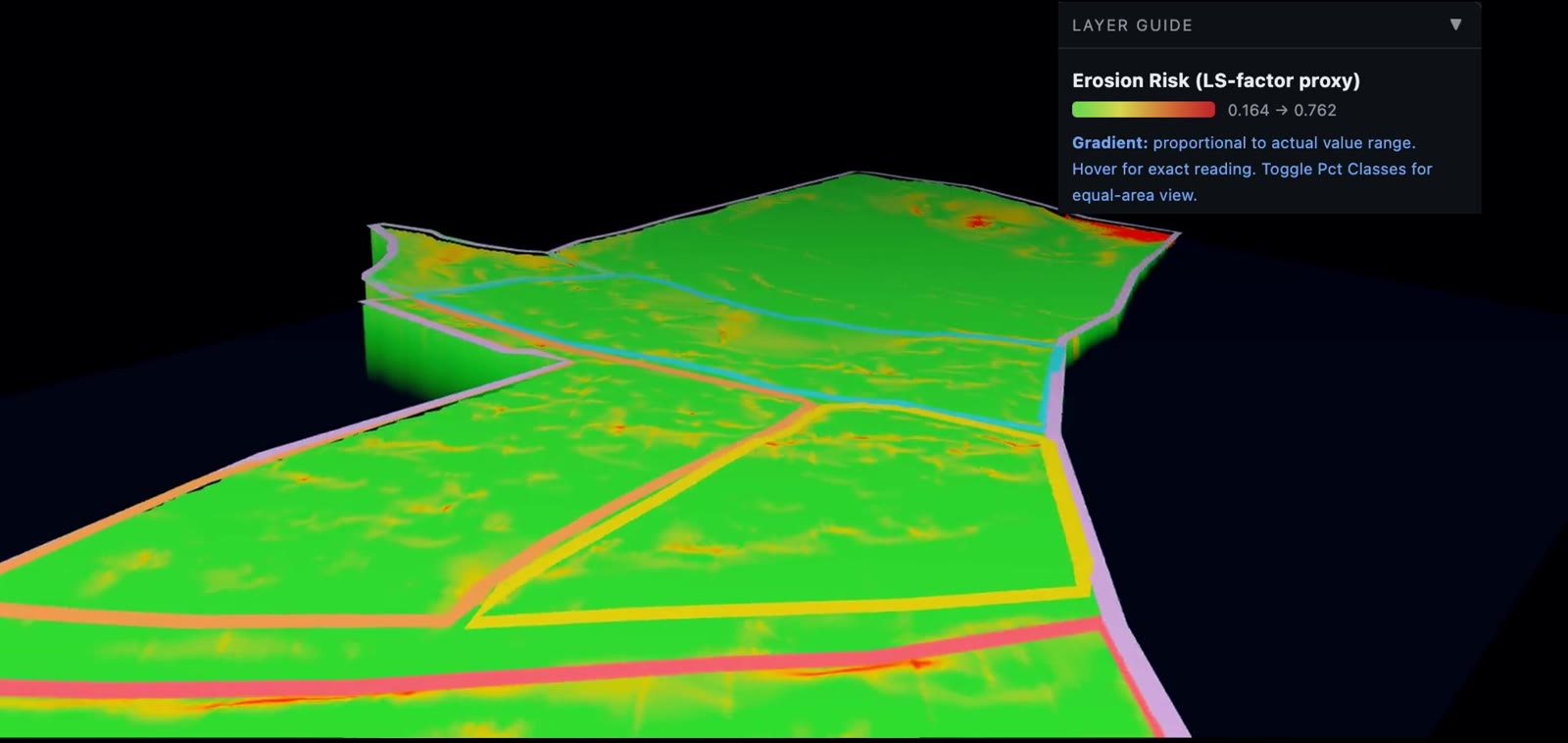 3D erosion risk model shaded green-to-red by an LS-factor proxy, with a legend showing the 0.164 to 0.762 value range