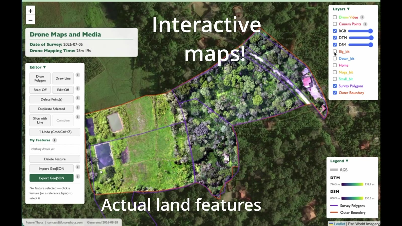 Interactive drone survey dashboard showing an aerial orthomosaic with RGB/DTM/DSM layer toggles, survey polygons, and an outer boundary — real land features, not a mockup