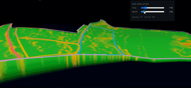 Animated sun-simulation panel dragging a month slider across a 3D terrain model, showing how sun exposure shifts with the seasons