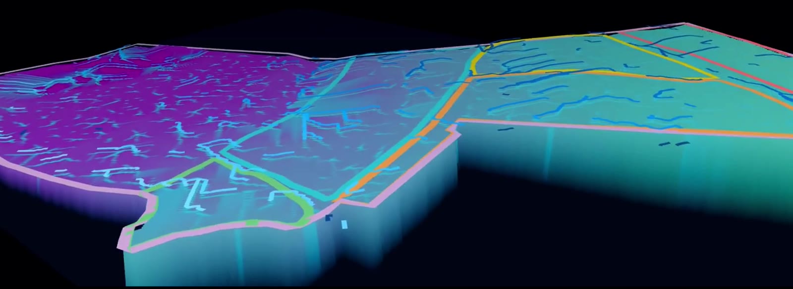 3D terrain model with colored lines highlighting natural water flow channels across the surveyed land