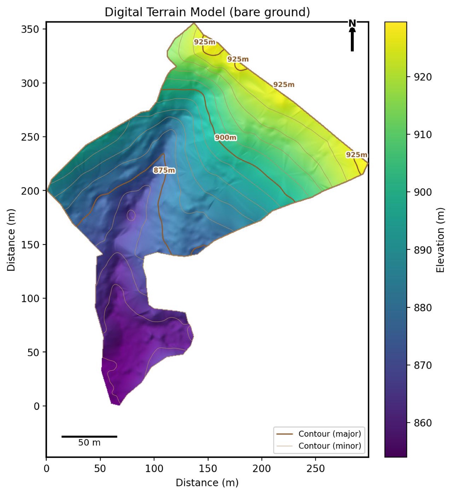 Digital Terrain Model — bare-earth elevation surface derived from a drone survey