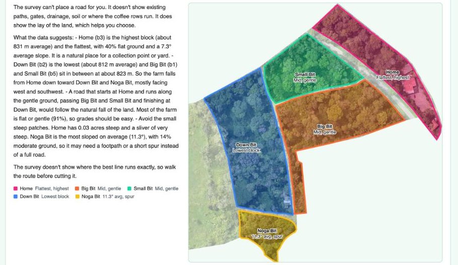 AI answer about where to run a harvest road, using each block's average height and slope, with the blocks labelled on the map as highest and flattest, lowest, mid and gentle