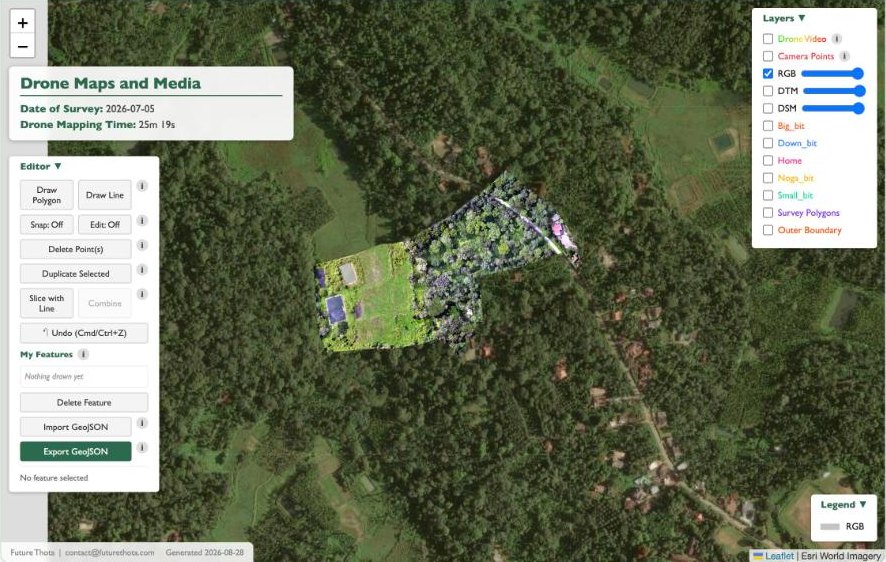 Drone media map: orthomosaic over satellite imagery with a layer list (RGB, DTM, DSM, blocks, survey polygons) and drawing tools