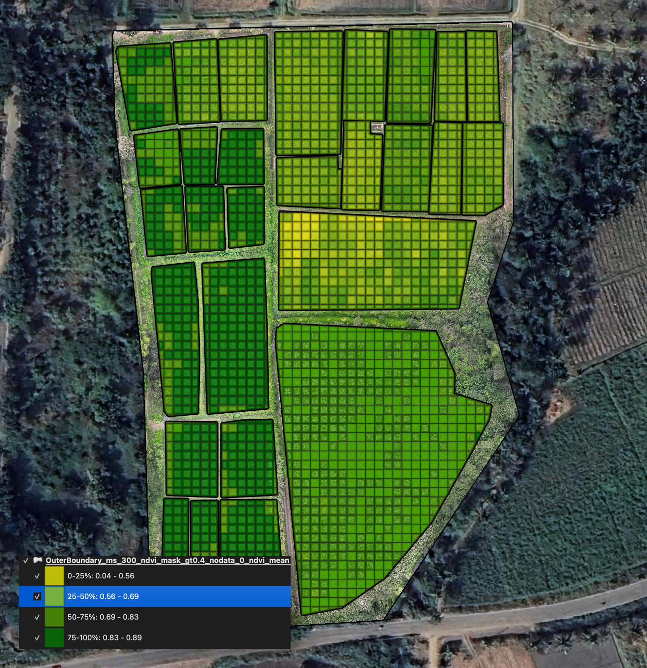 Grid cells shaded by mean NDVI after running zonal statistics on the clipped grid, with the NDVI class legend overlaid — each cell is a single decision-making area for spraying, weeding, or inspection
