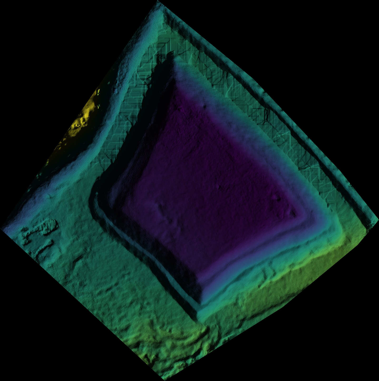 DTM hillshade of a pond site, coloured by elevation, showing the excavated basin as a darker depression against the surrounding ground