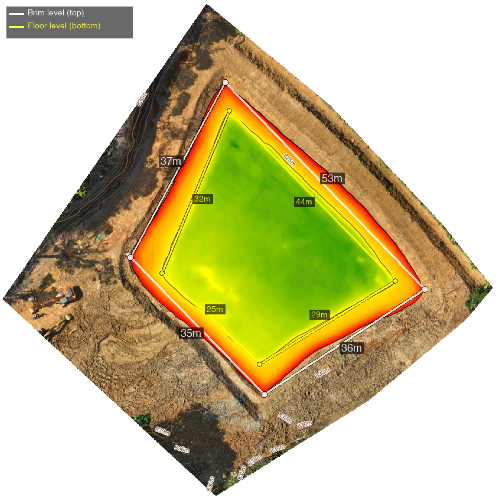 Annotated fill-depth map showing water depth variation across a pond