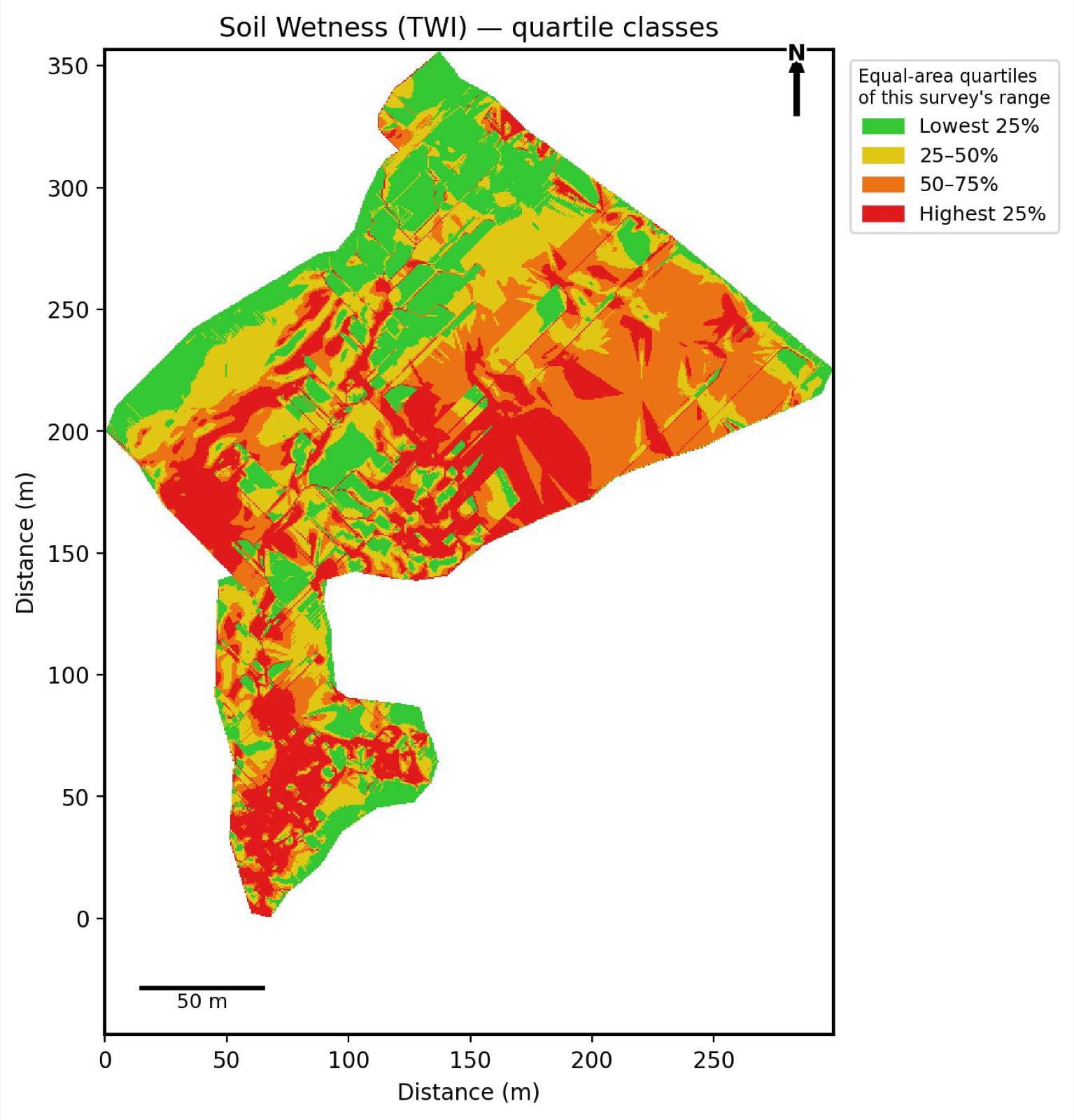 Soil wetness map derived from Topographic Wetness Index (TWI) analysis