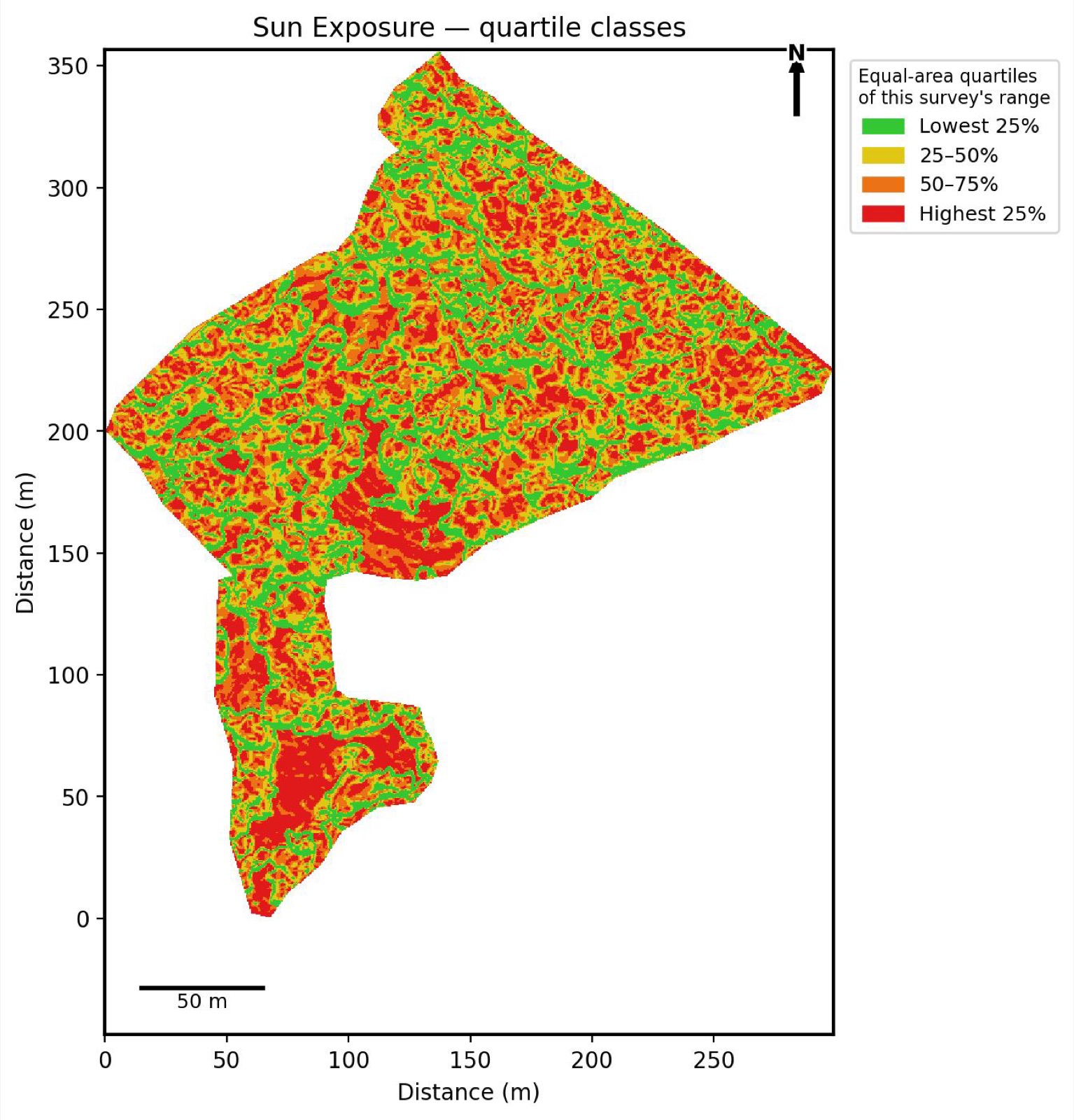 Sun exposure map showing solar radiation variation across sloped terrain
