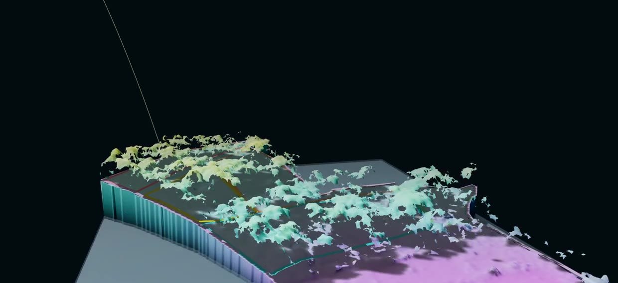 3D terrain model showing sunlight and shade across the estate at one time of day and year