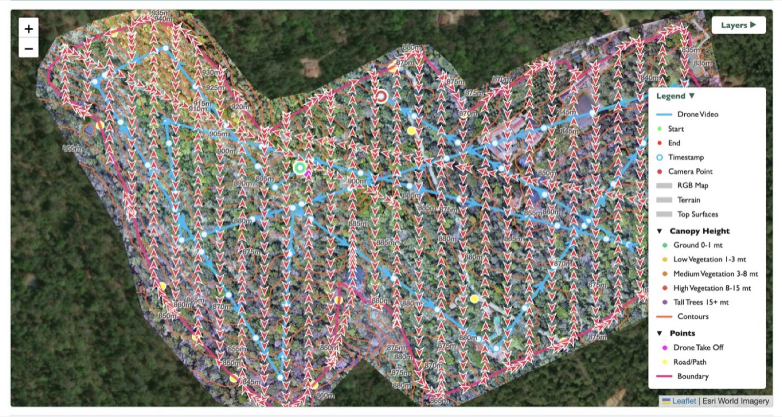 Interactive web map viewer showing flight paths, canopy height layers, and contours over a survey site