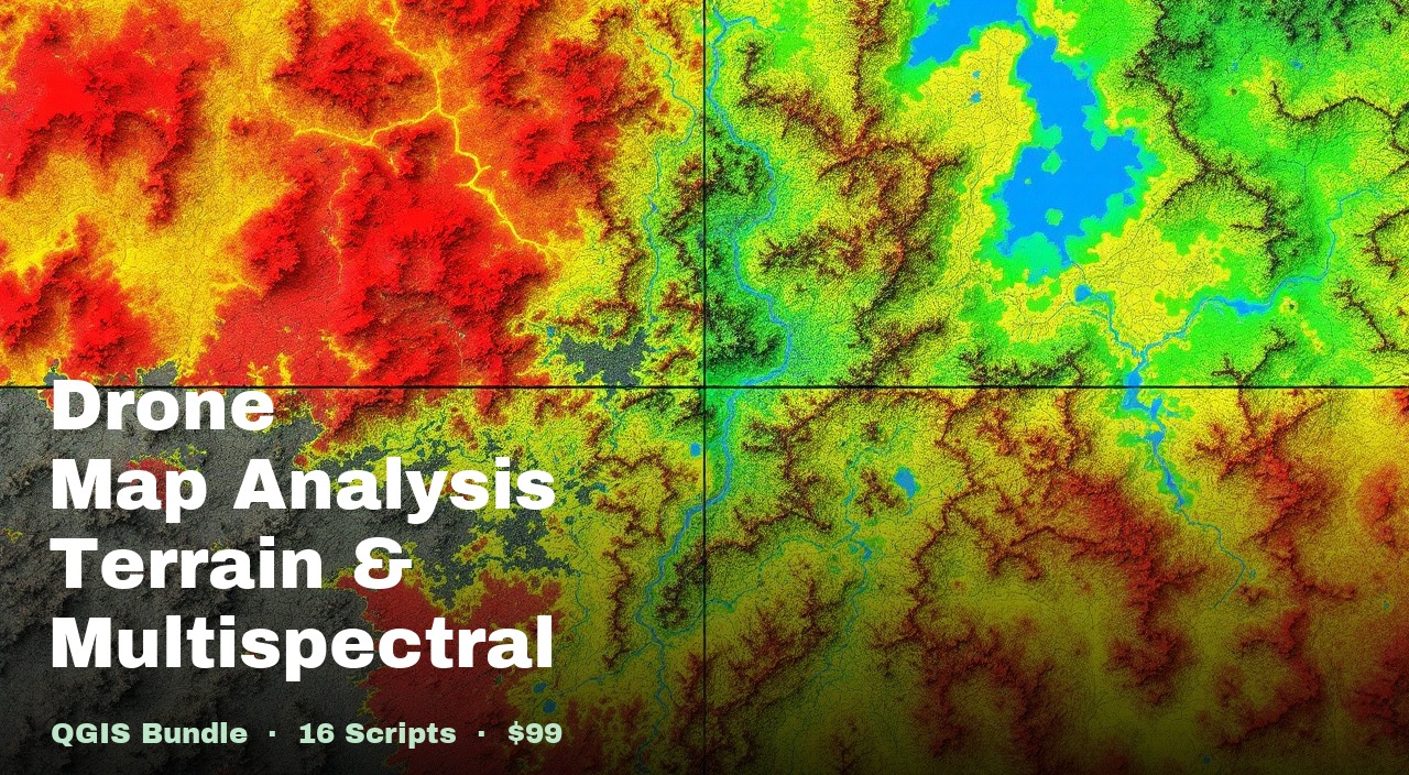 Composite of QGIS outputs — classified Canopy Height Model, NDVI raster, map layout, and lake volume polygon